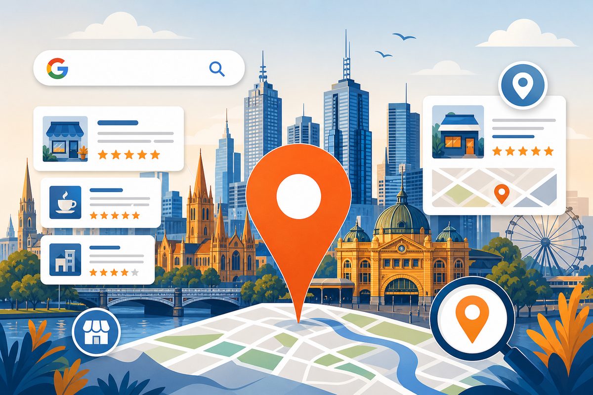 Melbourne city skyline with Google local search results, map pins and star ratings representing local SEO for Australian businesses