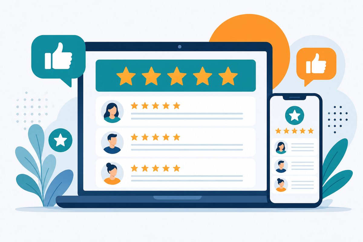 Online reviews and social proof displayed on laptop and smartphone screens with five-star ratings and customer testimonials