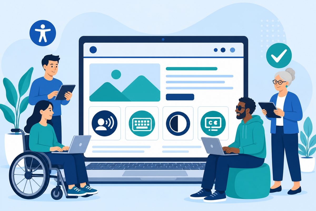 Diverse group of people including a wheelchair user browsing an accessible website with accessibility icons for screen reader, keyboard navigation, contrast, and captions