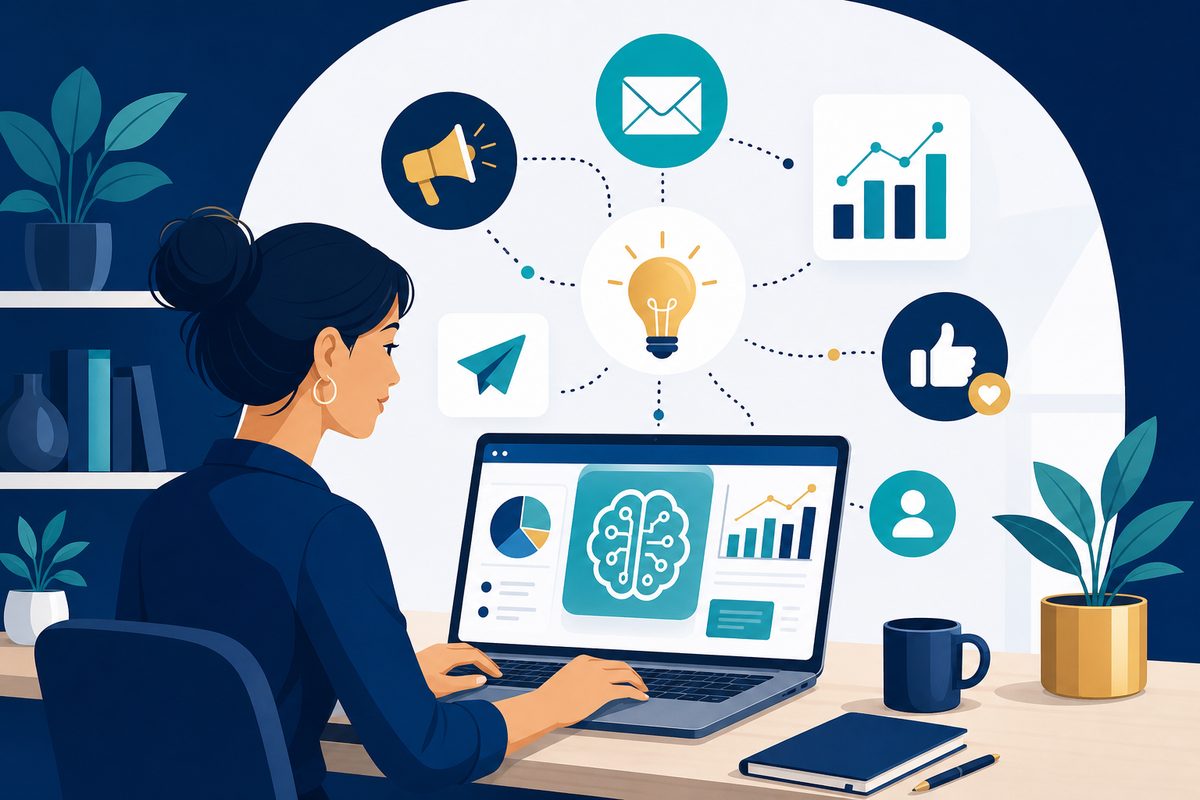 Small business owner using AI marketing tools on laptop with analytics and social media icons