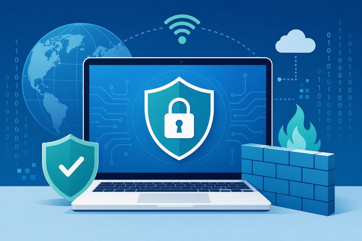 Website security essentials for Australian small businesses — shield and lock icon on laptop