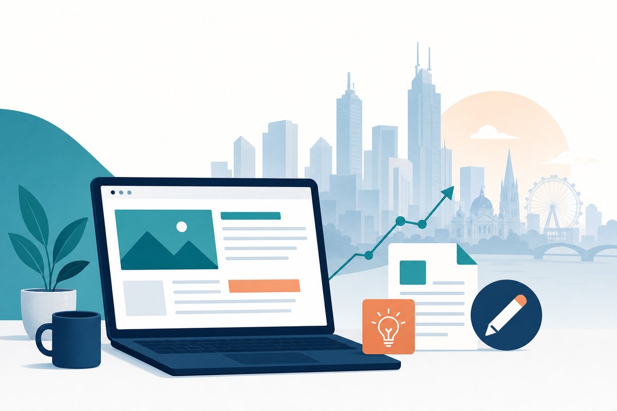 Content marketing for small businesses — laptop showing a blog post with Melbourne skyline and growth chart