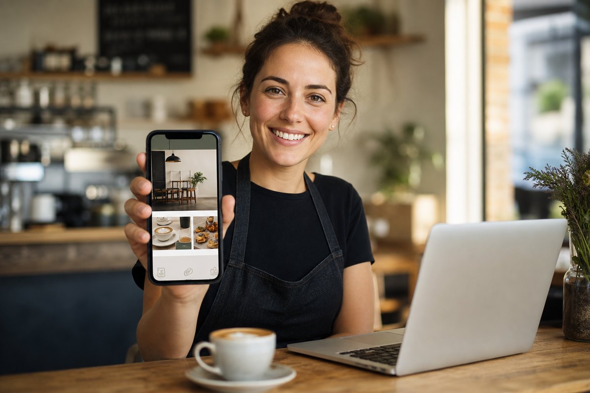 Melbourne cafe owner showing a mobile-first website design on a smartphone