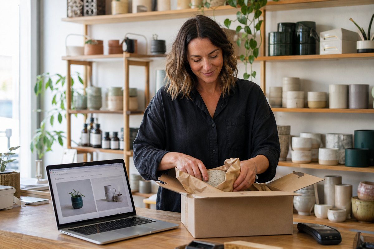 Melbourne retailer packing an online order beside a laptop showing an e-commerce product page