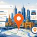 Melbourne city skyline with Google local search results, map pins and star ratings representing local SEO for Australian businesses