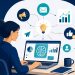 Small business owner using AI marketing tools on laptop with analytics and social media icons